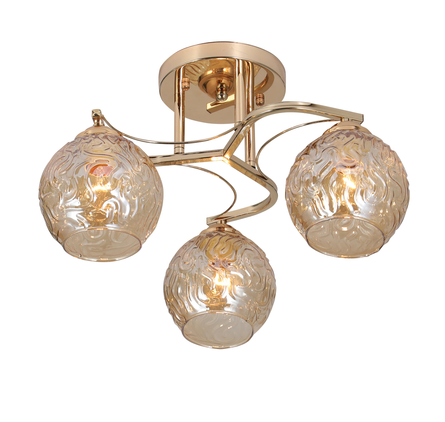 Plafonnier Industriel Rétro avec Globes en Verre Ambré et Finition en Métal Doré – Design à 3 Lampes