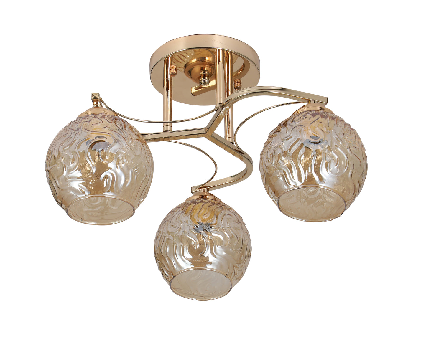 Plafonnier Industriel Rétro avec Globes en Verre Ambré et Finition en Métal Doré – Design à 3 Lampes
