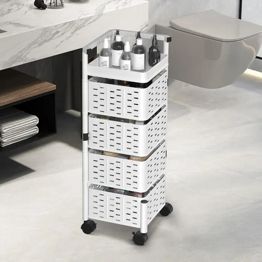 Étagère Carrée 4 Niveaux – Métal Noir ou Blanc – Panier de Rangement à Roulettes