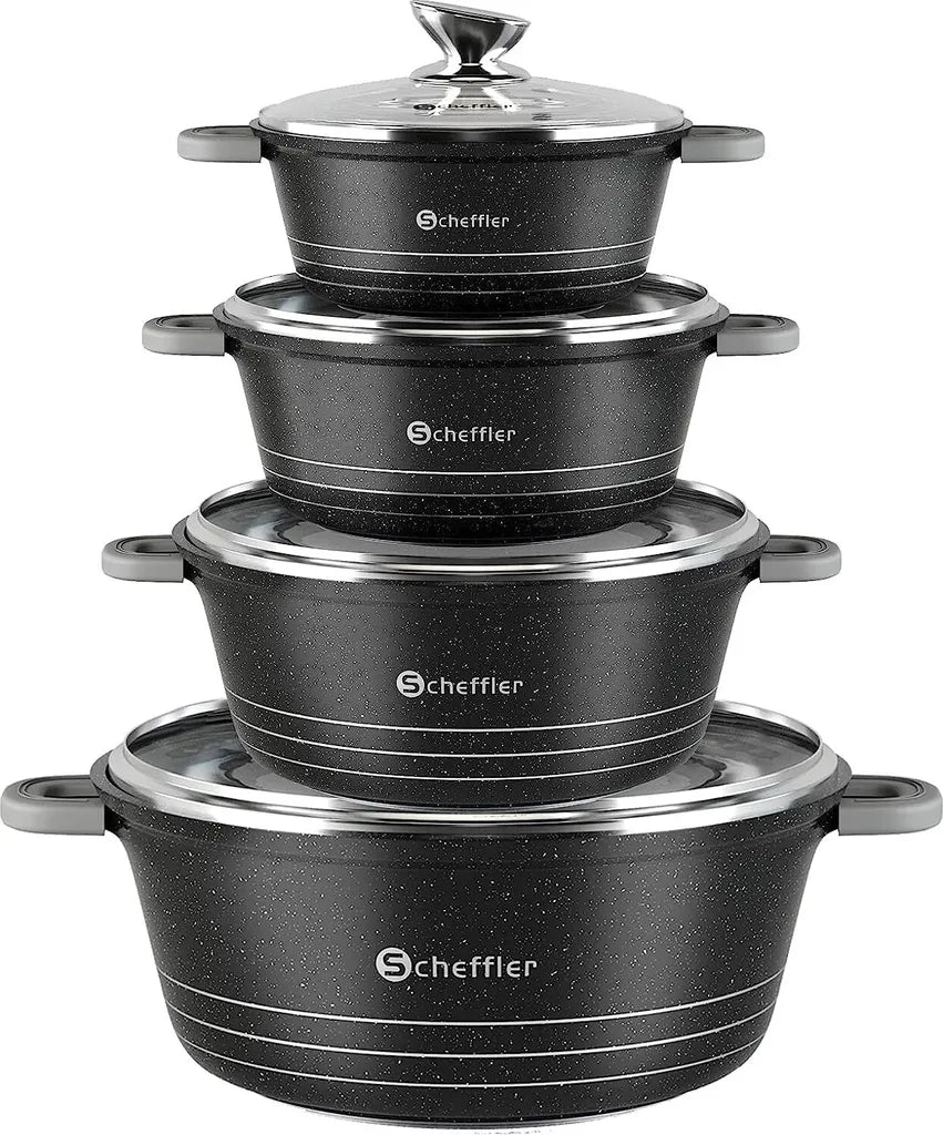 Scheffler – Set de 4 Casseroles avec Couvercles en Verre, Revêtement Antiadhésif, Compatible Induction, 8 Poignées Silicone Amovibles