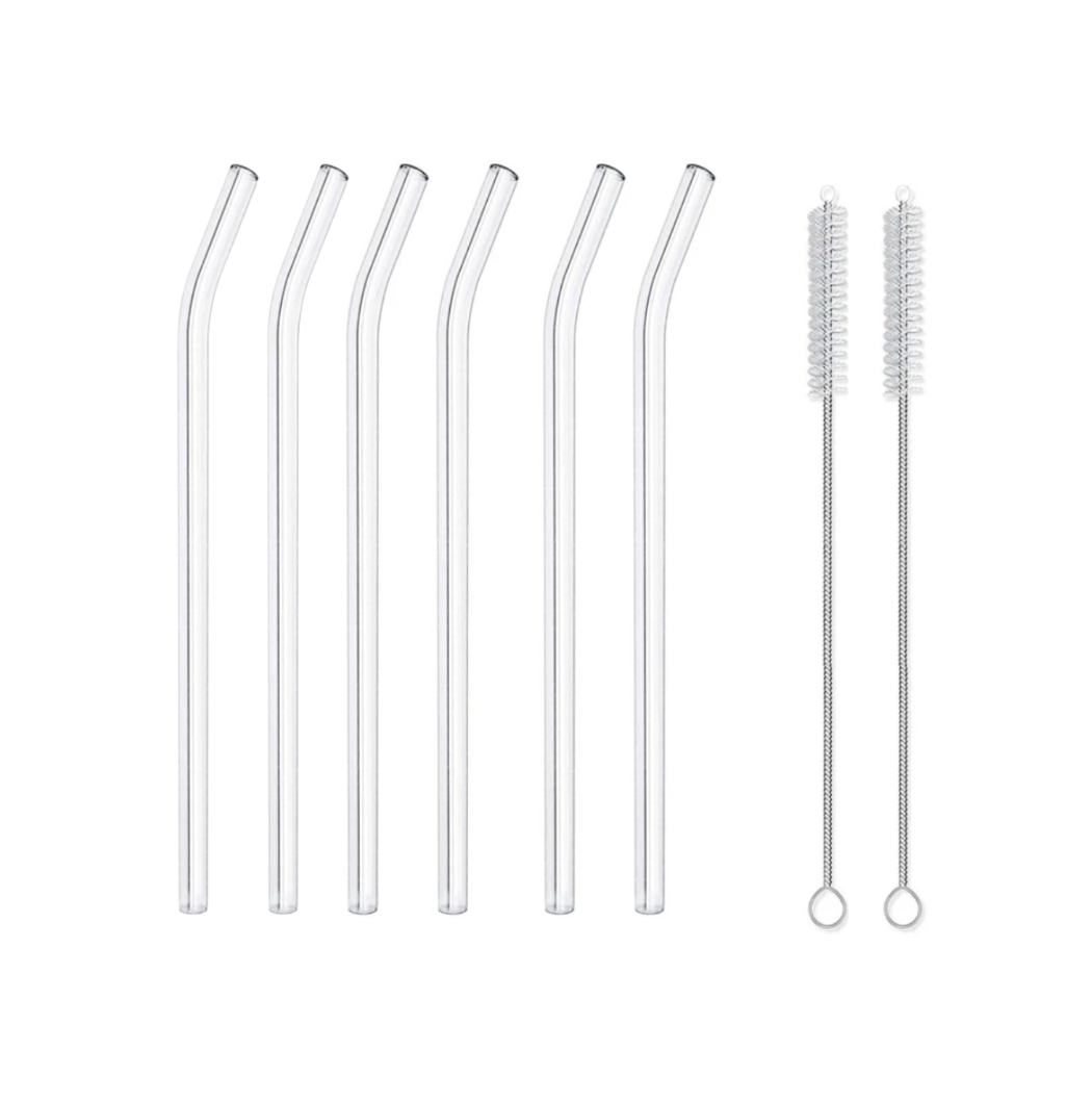6pcs Glass Straws - Slightly Bent - Durable & Reusable + Cleaning Brush