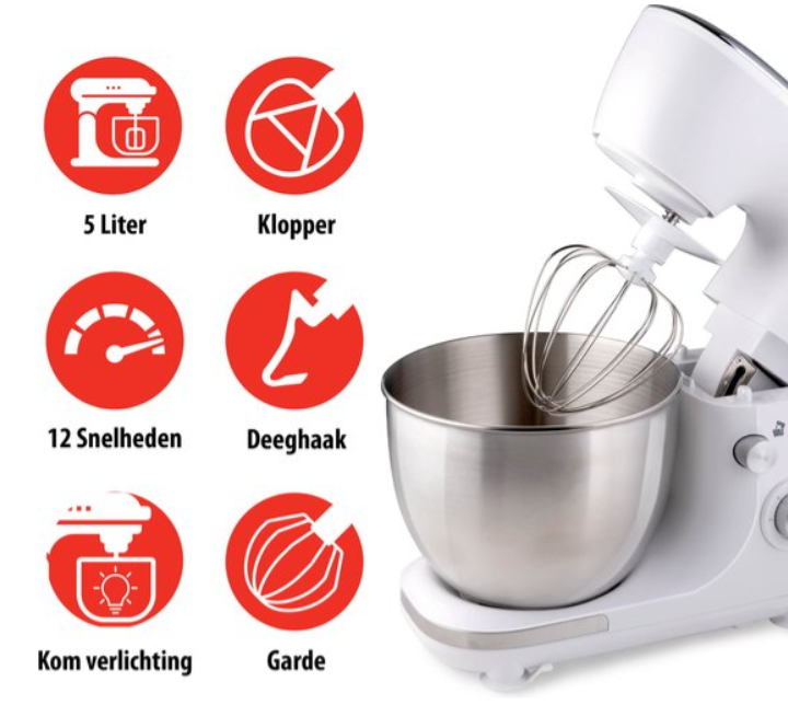 Robot Culinaire Alpina - 3 Accessoires - Acier Inoxydable - Eclairage du Bol - Pétrir, Mélanger, Fouetter