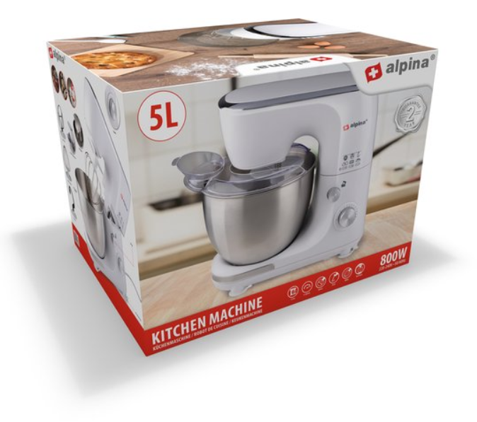 Robot Culinaire Alpina - 3 Accessoires - Acier Inoxydable - Eclairage du Bol - Pétrir, Mélanger, Fouetter