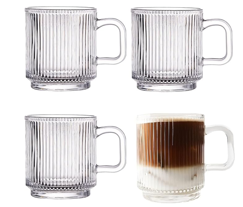 Set of 6 BAVARY Glass Mugs 340 ml, Thick Ribbed Milk Glasses, Water, Juice, Breakfast