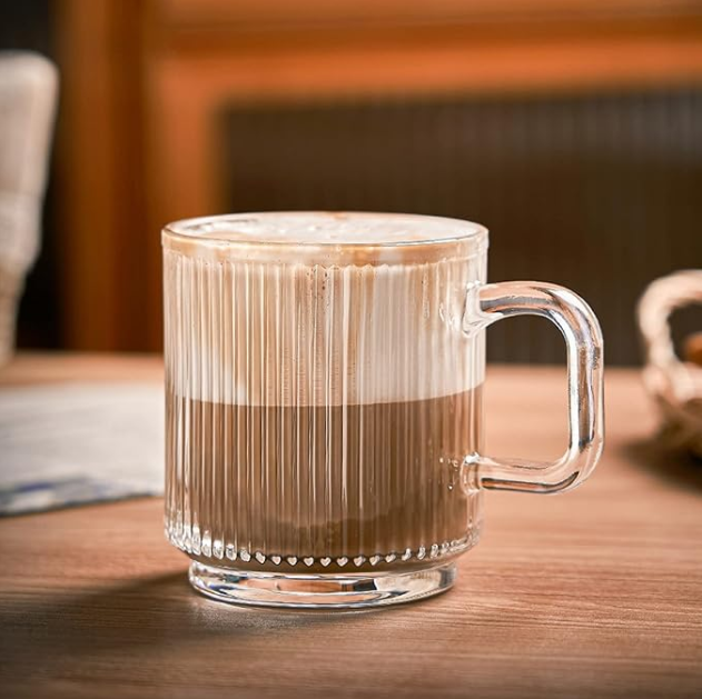 Set of 6 BAVARY Glass Mugs 340 ml, Thick Ribbed Milk Glasses, Water, Juice, Breakfast