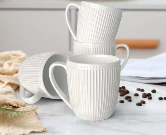 Lot de 4 Tasses à Café en Céramique avec un Design élégant en Relief, une Grande Poignée, Passe au Micro-ondes et au Lave-vaisselle - Blanc