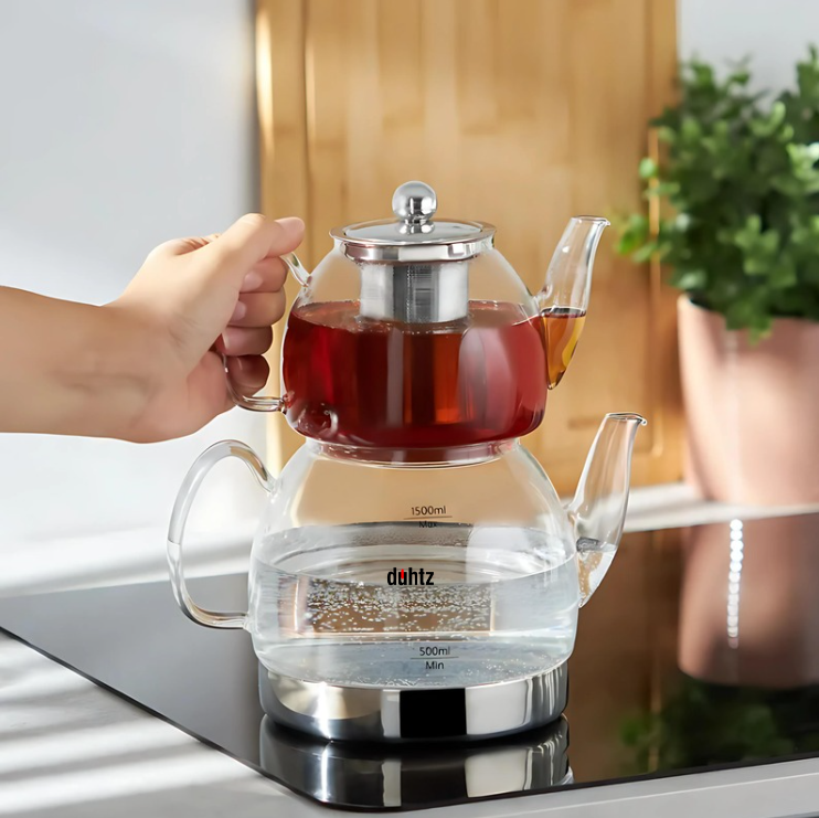 Duhtz XL Glass Teapot Set - 1000ml Teapot and 2000ml Water Carafe, Gas and Electric Compatible