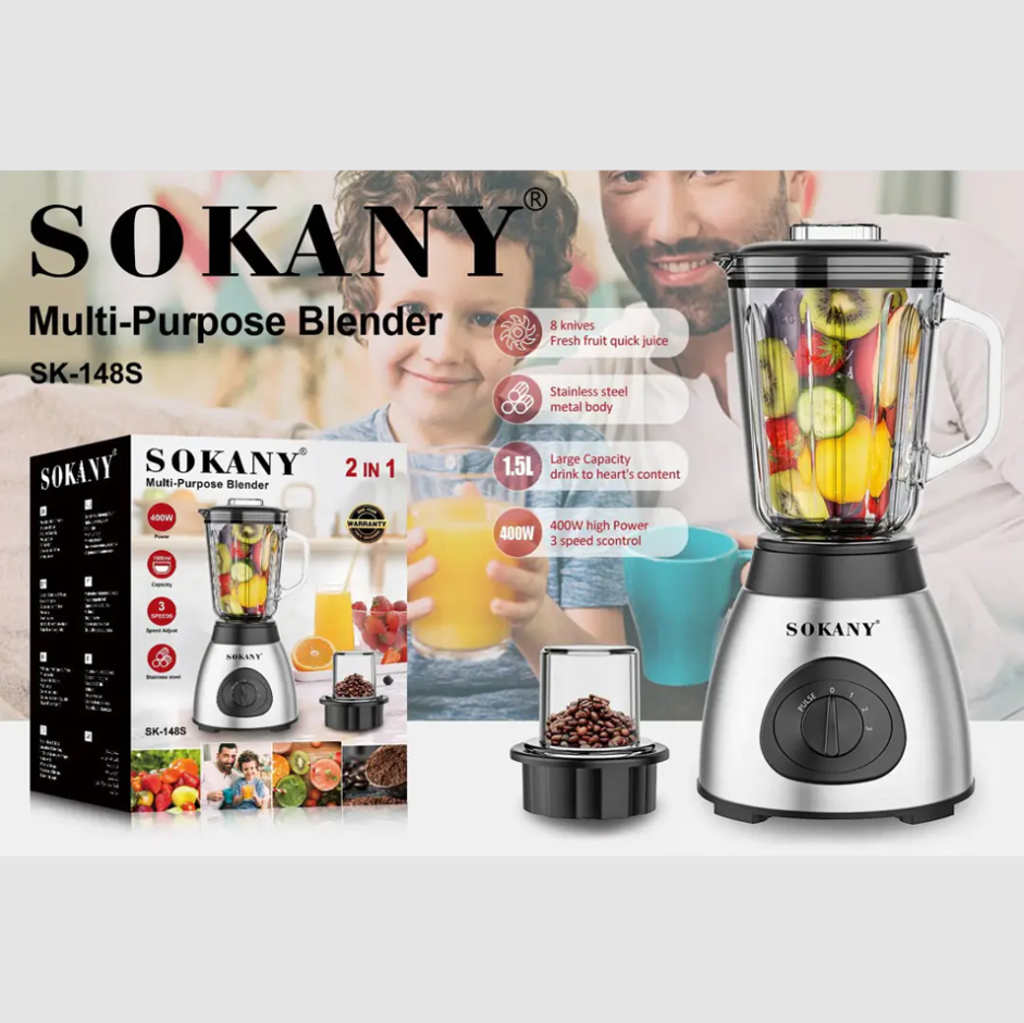 Sokany SK-148S, Mixeur en Acier Inoxydable, 400 W