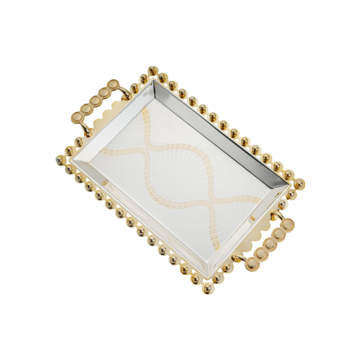 Royal Swiss Rectangular Serving Tray – Rounded Handles and Abstract Wavy Pattern Gold/Silver