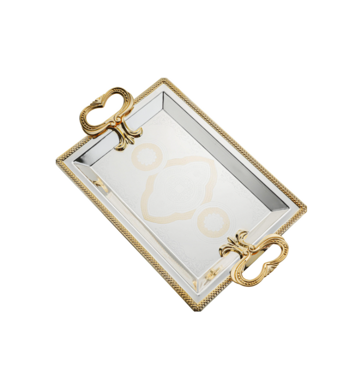 Royal Swiss Rectangular Serving Tray – Shiny Gold Finish with Heart Shaped Handles and Etched Abstract Pattern