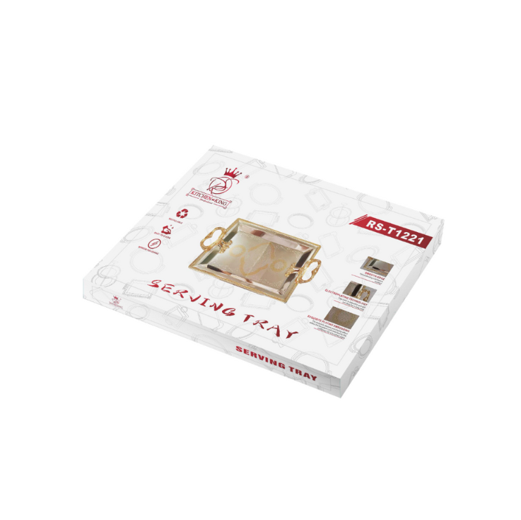 Royal Swiss Rectangular Serving Tray – Shiny Gold Finish with Heart Shaped Handles and Etched Abstract Pattern
