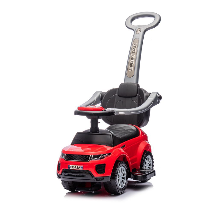 Voiture de sport à bascule pour enfants – 3-en-1 avec sons au volant, barre de poussée et rangement – Rouge