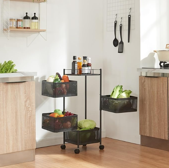 4 Tier Kitchen Storage Cart - Fruit and Vegetable Organizer with Wheels (Black/White)