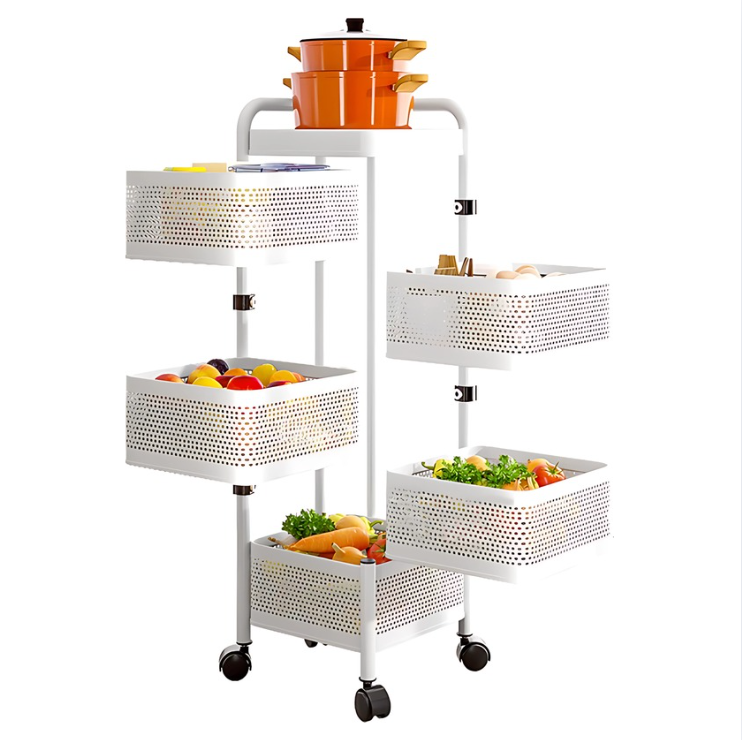 5 Tier Kitchen Storage Cart - Fruit and Vegetable Organizer with Wheels (Black/White)