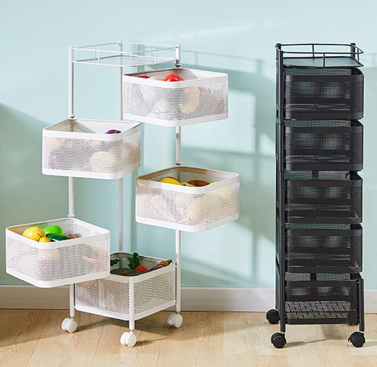 5 Tier Kitchen Storage Cart - Fruit and Vegetable Organizer with Wheels (Black/White)
