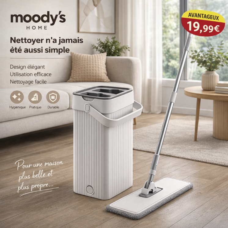 Kit Mop 3 en 1 avec balai plat rectangulaire et seau essoreur - MOODY’S Home