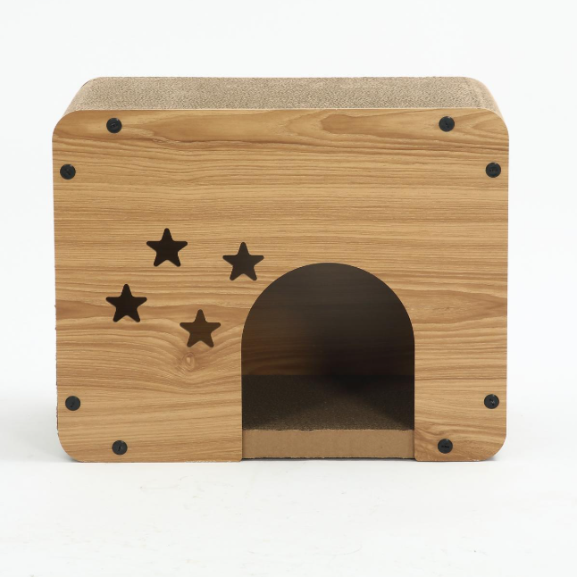 Maison pour Chat en Carton avec Décor Bois – Motif Étoiles