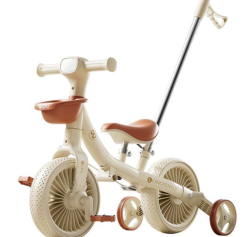 Tricycle Évolutif Enfant avec Canne Parentale et Panier – Beige
