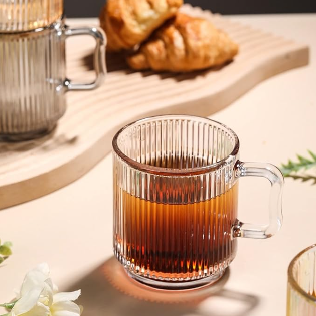 Set of 6 BAVARY Glass Mugs 340 ml, Thick Ribbed Milk Glasses, Water, Juice, Breakfast