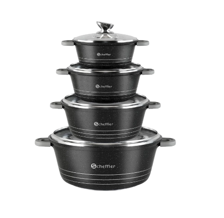 Scheffler – Set de 4 Casseroles avec Couvercles en Verre, Revêtement Antiadhésif, Compatible Induction, 8 Poignées Silicone Amovibles