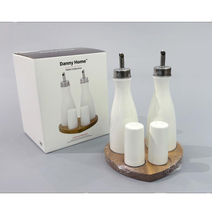 Set huile et vinaigre avec salière et poivrière sur support en bois