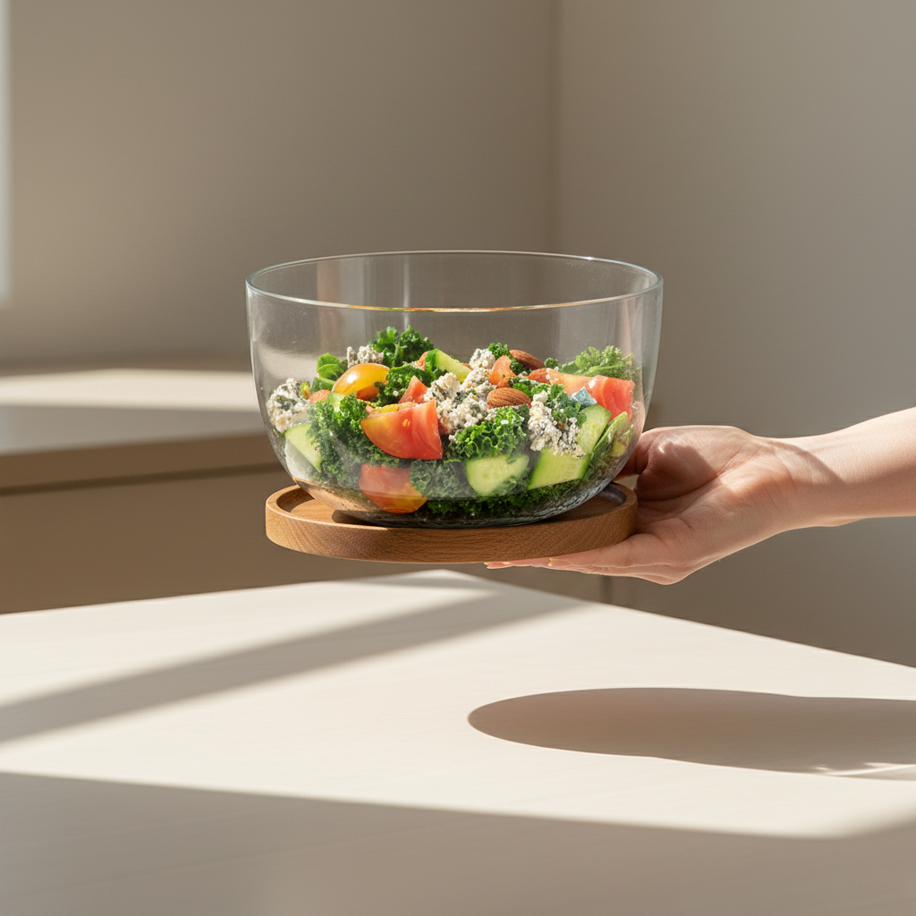 Saladier en verre avec base en bois