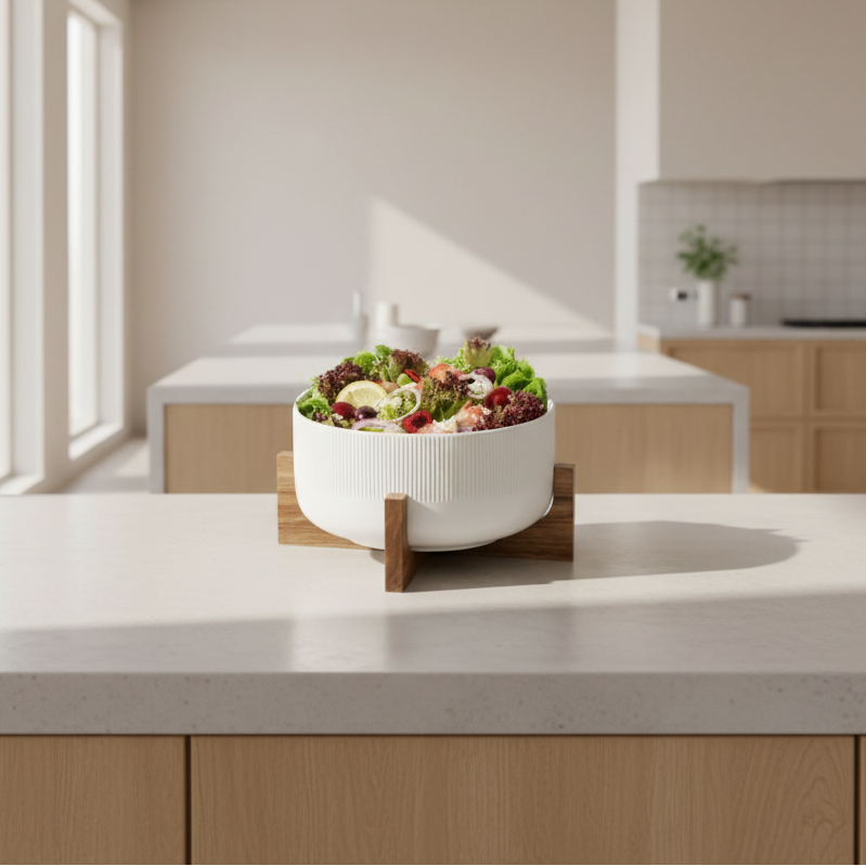 Saladier en porcelaine avec support en bois – 2,7 L