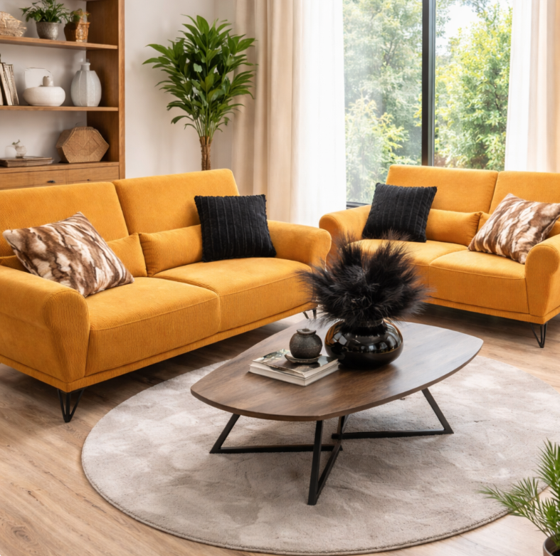Canapé MILANO – Ensemble 3 places + 2 places – Tissu Jaune Moutarde (Orange)