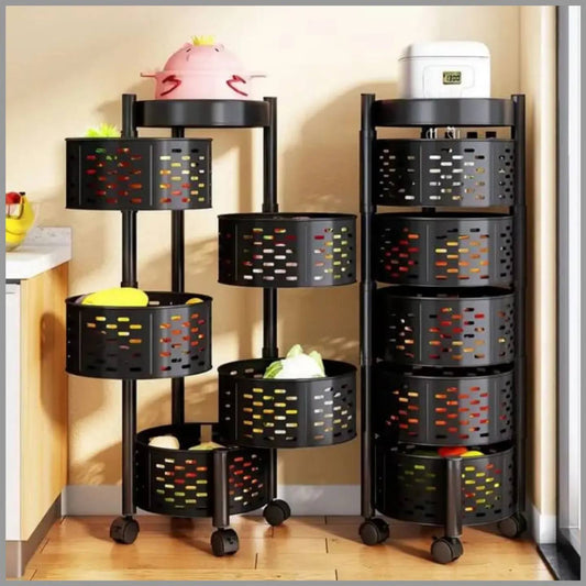 Étagère Ronde Rotative 5 Niveaux – Métal Noir ou Blanc – Panier de Rangement à Roulettes