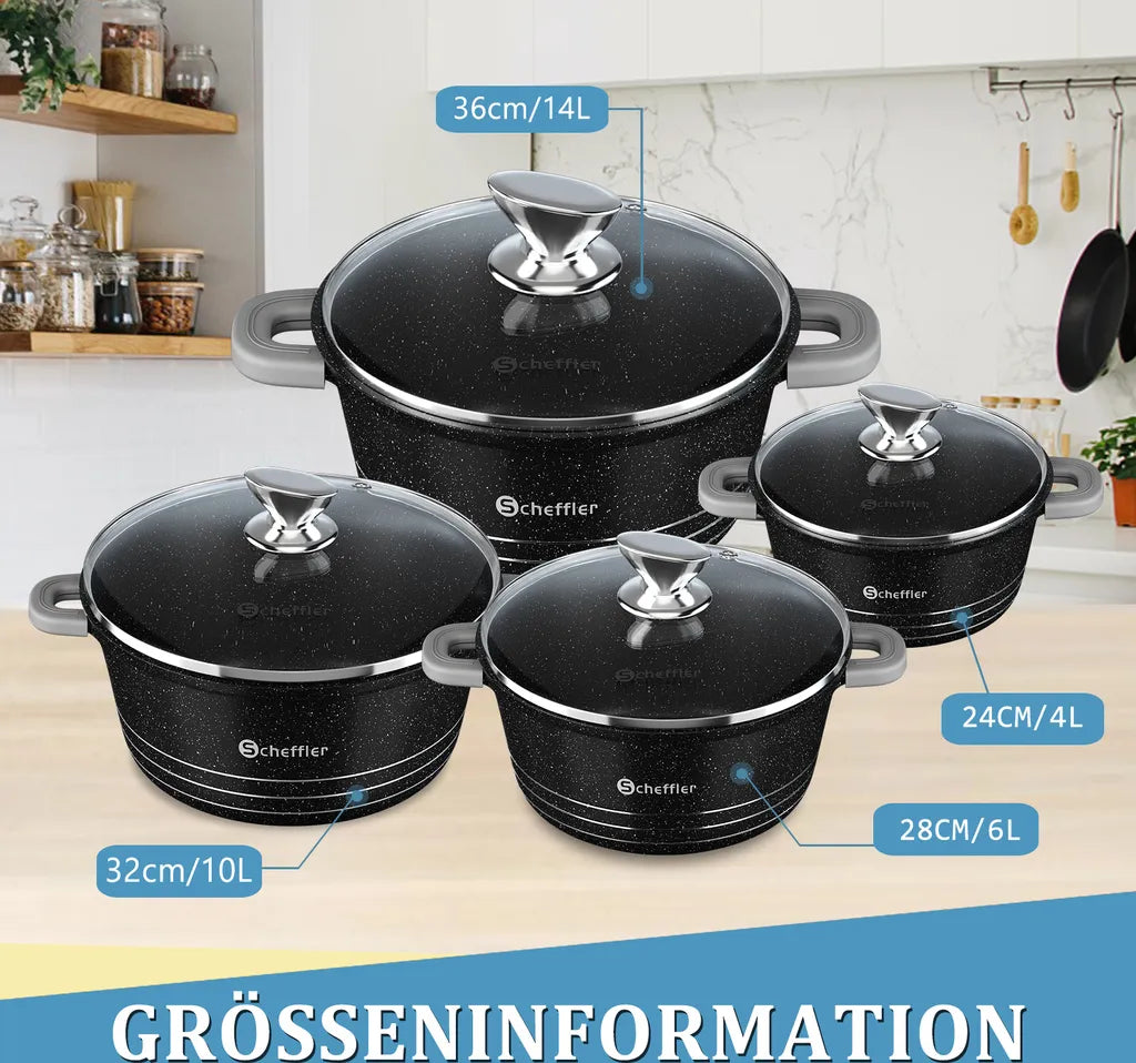 Scheffler – Set de 4 Casseroles avec Couvercles en Verre, Revêtement Antiadhésif, Compatible Induction, 8 Poignées Silicone Amovibles