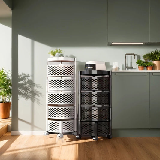 Étagère Ronde Rotative 4 Niveaux – Métal Noir ou Blanc – Panier de Rangement à Roulettes