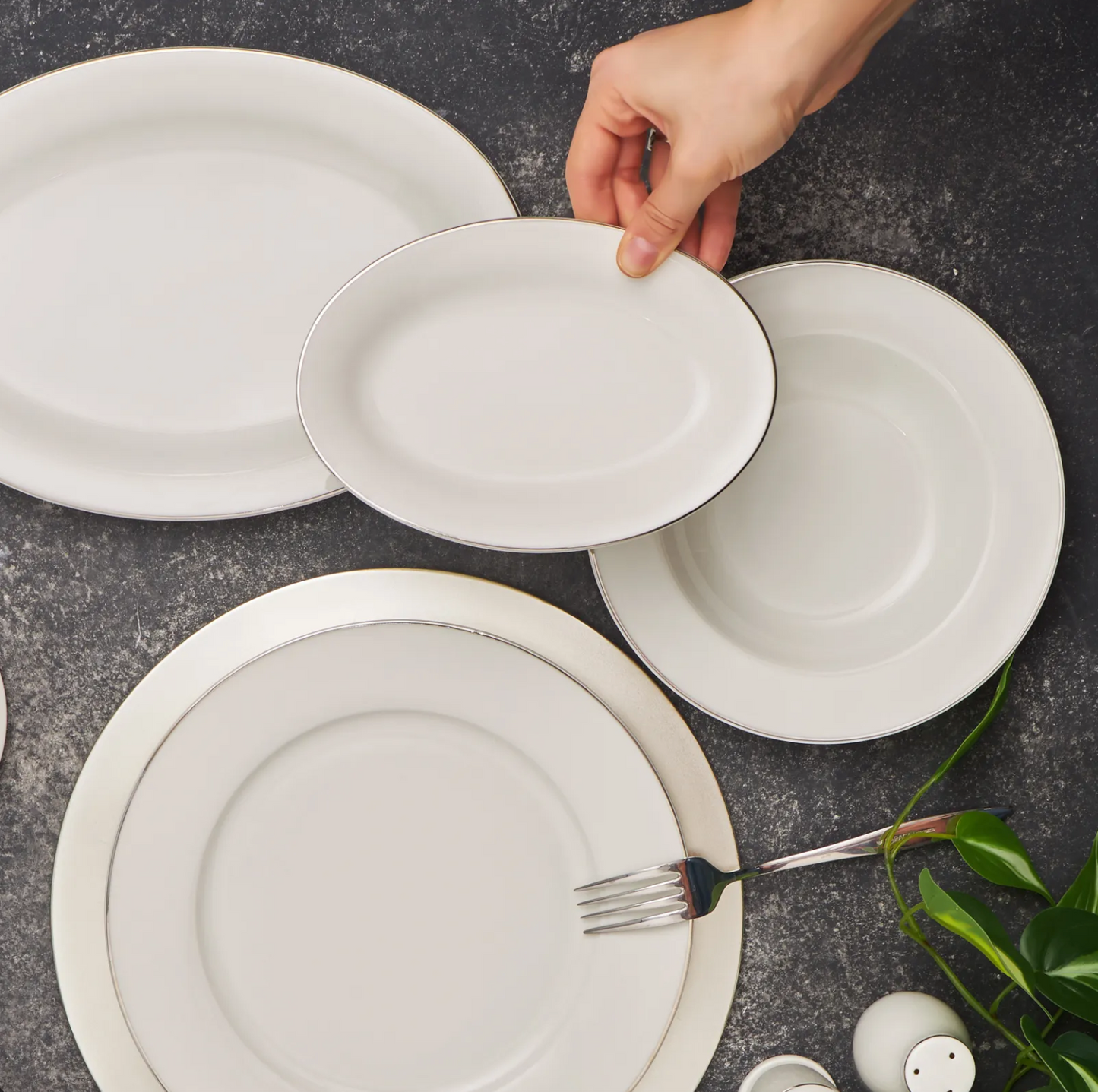 Karaca Lexi Platin 56-Piece Porcelain Dinnerware Set for 12 People