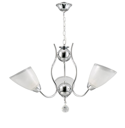 3-lichts glazen hanglamp met zilveren ovale lampenkappen en glanzend chroom frame