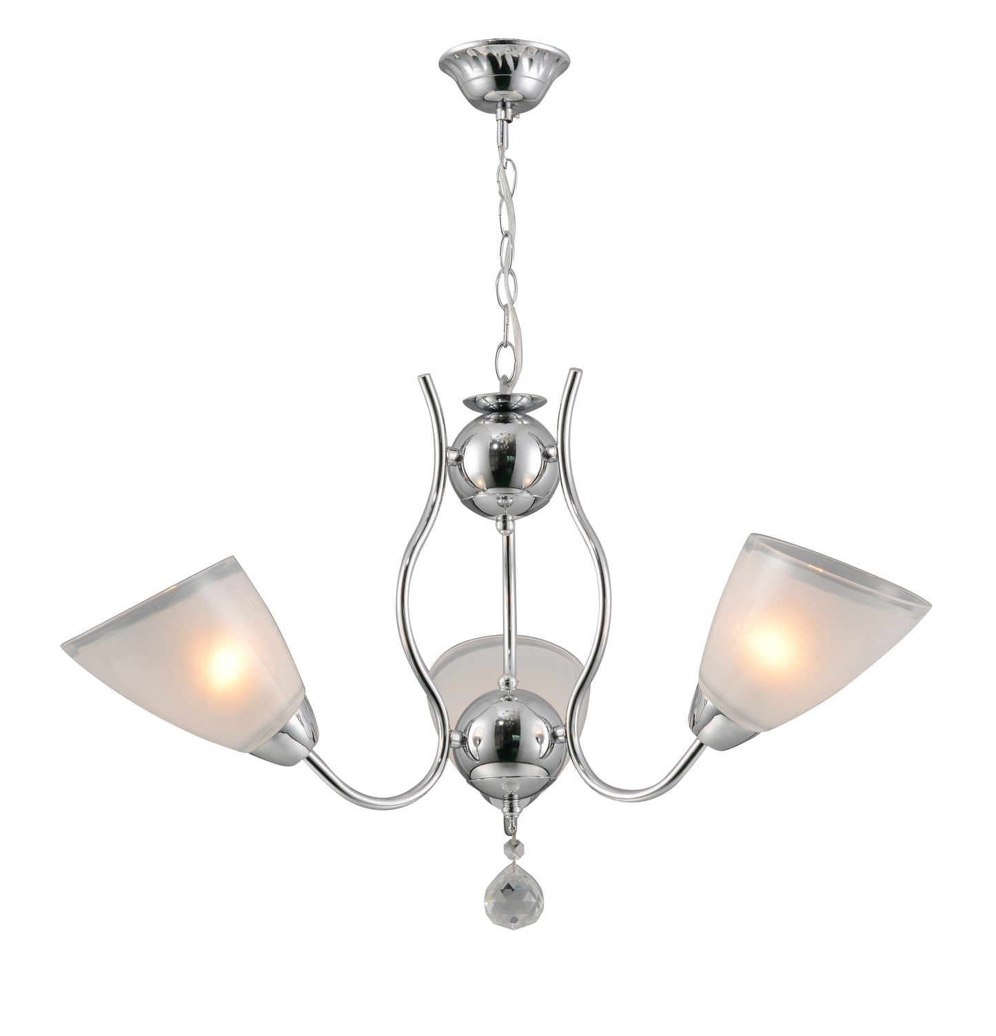 3-lichts glazen hanglamp met zilveren ovale lampenkappen en glanzend chroom frame