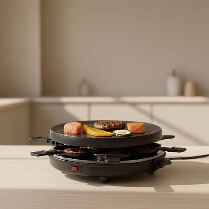 Grill Raclette Alpina – 800W, 8 poêlons, plaque réversible