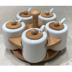 Ensemble de Pots à Épices Élégant – 5 Bocaux en Céramique avec Support Rotatif en Bambou
