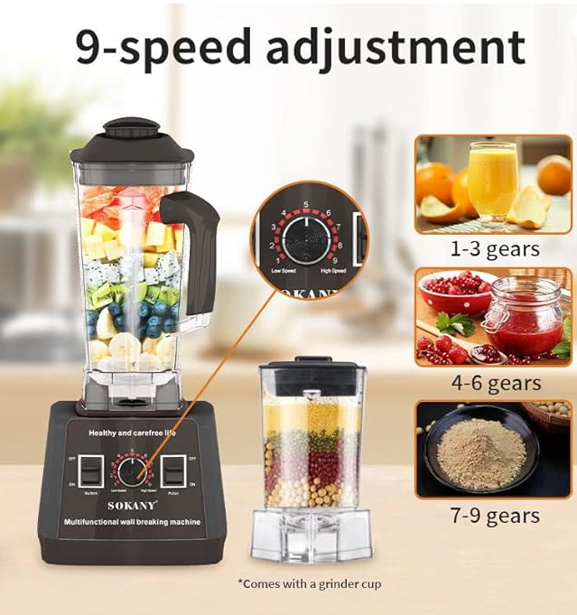 SOKANY SK-666 hoogwaardige blender, 5000 W, 9 snelheden, 2 in 1 blender en smoothiemaker en koffiemolen, 2,5 liter zelfreinigende functie, BPA-vrij