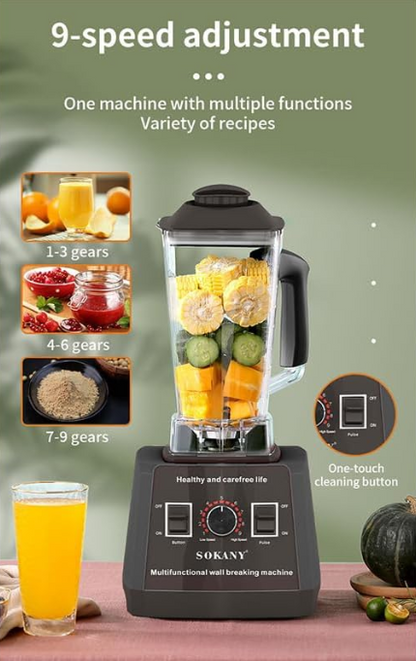 SOKANY SK-666 hoogwaardige blender, 5000 W, 9 snelheden, 2 in 1 blender en smoothiemaker en koffiemolen, 2,5 liter zelfreinigende functie, BPA-vrij