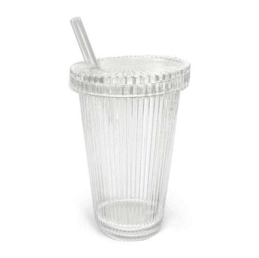 Ribbed Glass With Lid + Straw