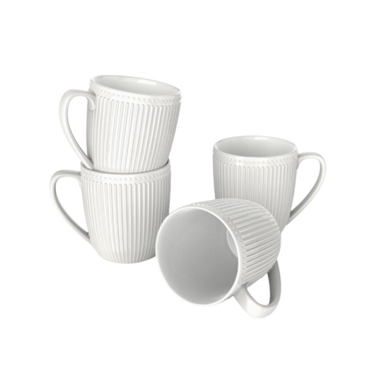 Set of 4 Ceramic Coffee Mugs with Elegant Embossed Design, Large Handle, Microwave and Dishwasher Safe - White