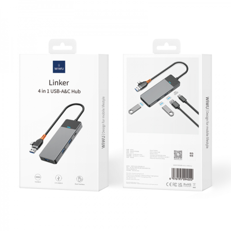 WIWU LINKER A431C 4-IN-1 USB-C AND TYPE-C HUB - GRAY