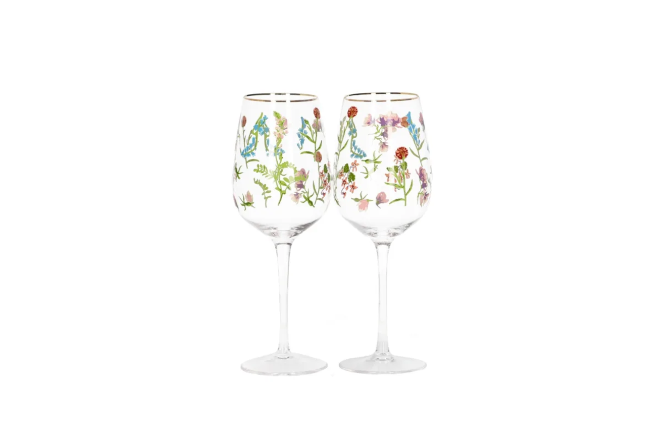 Danny Home Elegant Wine Glass Set - 2 Pieces, 7.5cm, Gold Tip with Floral Motifs