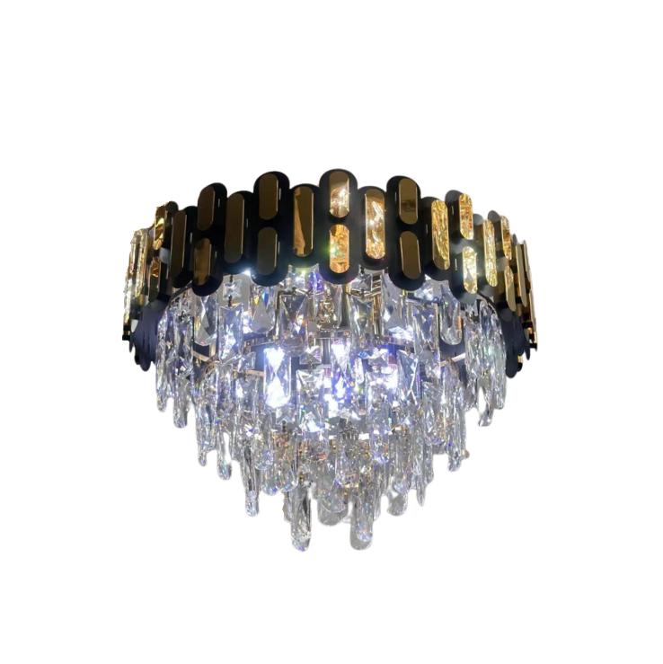 Luxury Round Black and Gold Chandelier with Cylindrical Crystal Drops (40/50/60 cm)