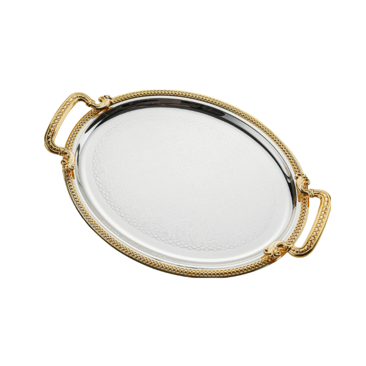 Plateau Oval Royal Swiss – Finition Dorée Élégante avec Poignées Arrondies et Bords Lisses