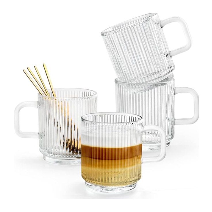 Almina Forte – Lot de 6 Tasses en Verre pour Thé/Café, 350 ml avec Rayures Élégantes