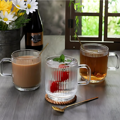 Almina Forte – Lot de 6 Tasses en Verre pour Thé/Café, 350 ml avec Rayures Élégantes