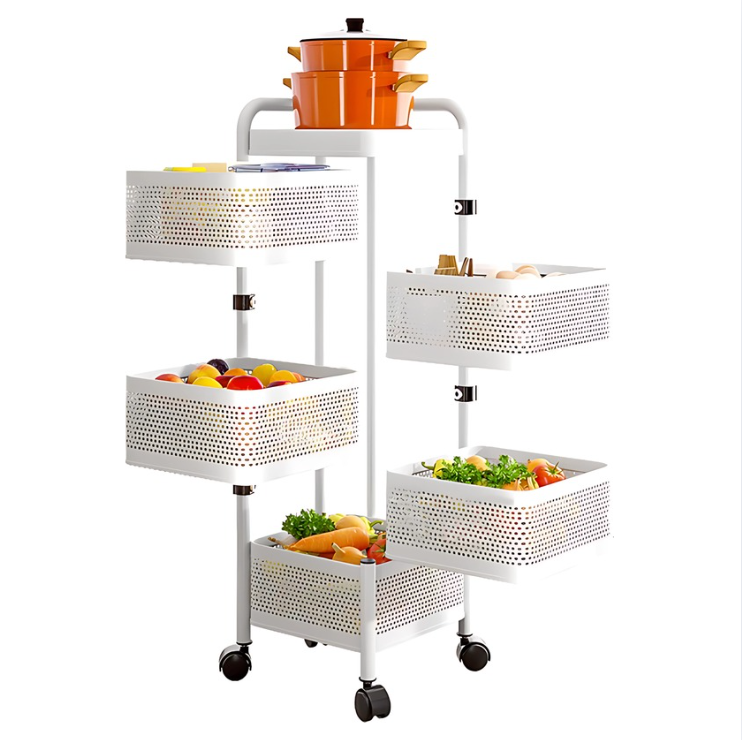 Chariot de Rangement de Cuisine à 5 Niveaux – Organisateur de Fruits et Légumes avec Roulettes (Noir/Blanc)