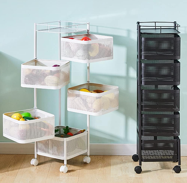 Chariot de Rangement de Cuisine à 5 Niveaux – Organisateur de Fruits et Légumes avec Roulettes (Noir/Blanc)