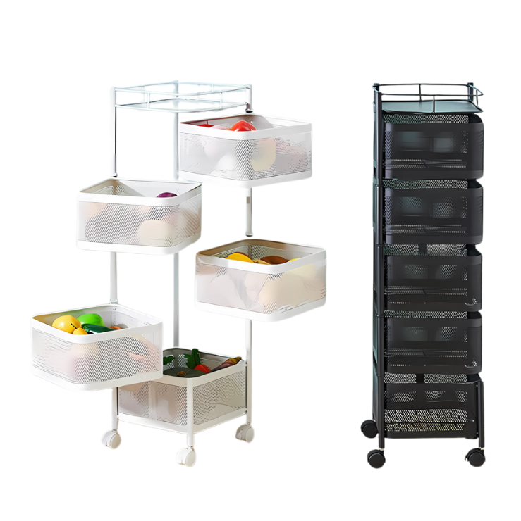 Chariot de Rangement de Cuisine à 5 Niveaux – Organisateur de Fruits et Légumes avec Roulettes (Noir/Blanc)