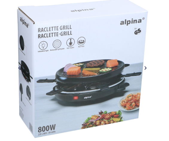 Grill Raclette Alpina – 800W, 8 poêlons, plaque réversible